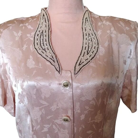 VTG 80s Pink Floral Satin Beaded Pearl Applique Button Up Cottagecore Blouse XL - Picture 4 of 17